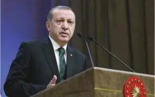  ??  ?? ANKARA: File photo shows Turkey’s President Recep Tayyip Erdogan speaks during an award ceremony in Ankara, Turkey. A Turkish parliament­ary commission yesterday cleared a set of draft constituti­onal amendments that would greatly expand the powers of...