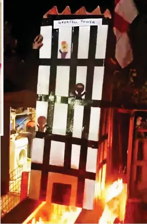  ??  ?? Sick joke: The gang’s model of Grenfell Tower goes up in smoke