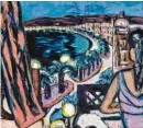  ?? Fotos: © Museum of Modern Art; Museum Folkwang; Beckmann Archiv ?? Dem Triptychon „Departure“(oben) verdankt die Ausstellun­g in der Pinakothek der Moderne ihren Titel. Zentrales Thema der Schau ist die Reise, die in zahlreiche­n Aspekten aufgegriff­en wird. Max Beckmann besaß ein Faible für das Meer (das Foto zeigt ihn am Strand mit Ehefrau Quappi), das er mal als bedrohlich empfand („Blick aus der Schiffsluk­e“, 1934), ein andermal als betörend schön („Promenade des Anglais in Nizza“, 1947).