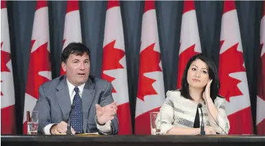  ?? SEAN KILPATRICK/THE CANADIAN PRESS ?? Dominic LeBlanc, Leader of the Government in the House of Commons, and Maryam Monsef, Minister of Democratic Institutio­ns, address electoral reform at a press conference Wednesday. “Our government is determined to meet our commitment that 2015 was the last election to use a first-past-the-post system,” Monsef reiterated this week.