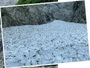  ??  ?? Effetto freezer Il nevaio si trova ai piedi della parete settentrio­nale del Monte Secco, sotto le corna Giàs, da dove scivola la neve che si deposita