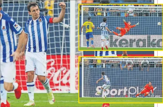  ??  ?? Oyarzabal marcó los dos goles de la Real Sociedad, el primero de cabeza y el segundo de penalti.