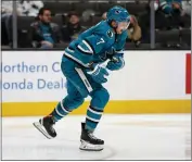  ?? NHAT V. MEYER — BAY AREA NEWS GROUP FILE ?? The San Jose Sharks' Nico Sturm (7) grimaces as he skates off the ice after being checked into the boards against the Anaheim Ducks in the third period at the SAP Center in San Jose on Nov. 1.