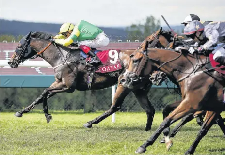  ??  ?? Frankie Dettori riding Lancelot Du Lac (yellow/green) win The Qatar Stewards Cup Handicap Stakes on day five of the Qatar Goodwood Festival yesterday.