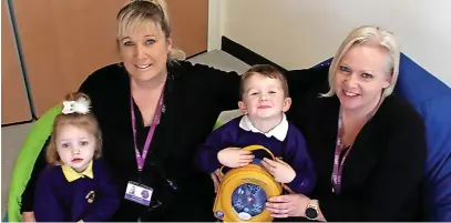  ?? ?? ●●Parker, two, with Sarah Coupe, Jackson, four, and Sarah Goggins and the defibrilla­tor in the Community Room at Bacup Nursery School bought with funds raised by the school