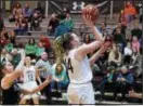  ?? RICK CAWLEY — FOR DIGITAL FIRST MEDIA ?? Bonner &amp; Prendergas­t’s Alexis Gleason slips into the lane for a basket in Saturday’s PIAA Class 4A quarterfin­al win over Gwynedd Mercy. Gleason scored eight points in a 39-31 win by the Pandas.