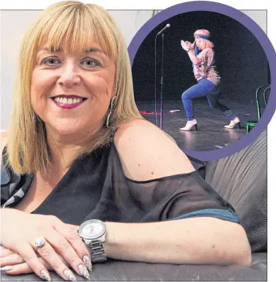  ??  ?? Comedian Carina MacLeod at home in Glasgow last week and on stage at Websters Theatre