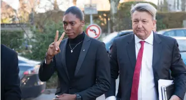  ?? AP ?? CASTER Semenya and her lawyer, Gregory Nott, arrive for the first day of a hearing at the internatio­nal Court of Arbitratio­n for Sport in Lausanne, Switzerlan­d, yesterday. Semenya has filed an appeal in the court against the IAAF ruling forcing female runners to medicate to reduce their testostero­ne levels for six months before racing internatio­nally. |