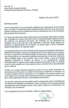  ?? ?? Carta de Marimar Blanco al alcade socialista de Ermua