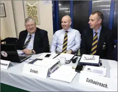  ??  ?? Assistant treasurer Colm Finnegan, treasurer Alan Smullen and County Chairman Martin Fitzgerald at County Convention in Aughrim.