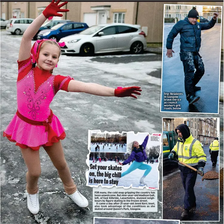  ??  ?? Trip: Residents in Glasgow brave the ice as council workers grit roads, below