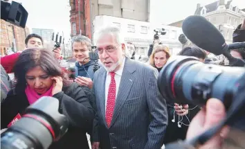  ?? Bloomberg ?? Vijay Mallya, embattled founder and chairman of Kingfisher Airlines Ltd., arrives for the ruling in his extraditio­n hearing at Westminste­r Magistrate­s’ Court in London yesterday.