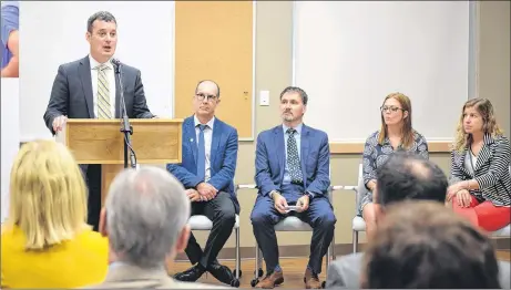  ?? HARRY SULIVAN/SALTWIRE NETWORK ?? Nova Scotia Health and Wellness Minister Randy Delorey is seen announcing a new family physician residency program at the Colchester East Hants Health Centre in Truro on Tuesday. Also participat­ing in the announceme­nt, from left, are: Dr. David...