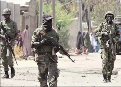  ??  ?? Soldiers on patrol in the North- east to curb insecurity