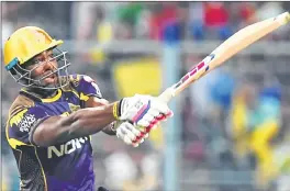  ??  ?? Kolkata Knight Riders Andre Russell plays a shot against Delhi Daredevils on Monday night..