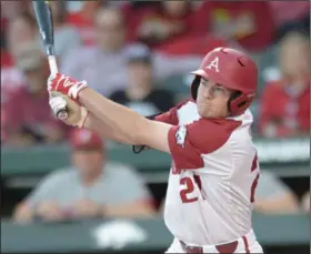  ?? (NWA Democrat-Gazette/Andy Shupe) ?? Designated hitter Evan Lee singled in the tying run, stole second and scored the go-ahead run to help Arkansas rally for a 5-4 victory over LSU to open a series on May 4, 2018, at Alex Box Stadium in Baton Rouge.