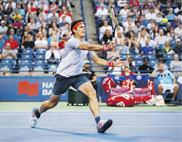  ?? MARK BLINCH/THE CANADIAN PRESS ?? Canadian Milos Raonic was too much for Belgium’s David Goffin to handle Monday as he took the first-round match at the Rogers Cup tennis tournament in straight sets, 6-3, 6-4. It was Raonic’s first tournament match since suffering an injury at Wimbledon.