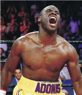  ?? MATHIEU BELANGER/GETTY IMAGES ?? WBC light-heavyweigh­t champion Adonis Stevenson celebrates after defeating Thomas Williams Jr. last July in Quebec City. Frequently criticized for his inactivity, Stevenson will return to the ring on June 3 at the Bell Centre.