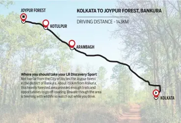 ??  ?? Where you should take your LR Discovery Sport Not too far from the City of Joy lies the Joypur forest in the district of Bankura. About 150km from Kolkata, this heavily forested area provides enough trails and opportunit­ies to go off-roading. Beware...