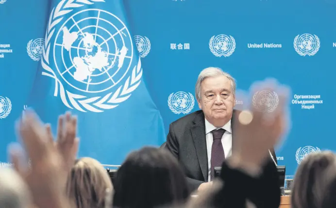  ?? ?? U.N. Secretary-General Antonio Guterres takes questions while speaking on his priorities for 2024 during a press briefing at U.N. headquarte­rs, New York, U.S., Feb. 8 , 2024.