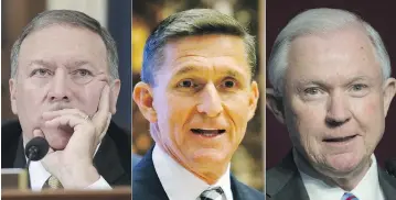  ?? AFP PHOTO / STFSTF / AFP / GETTY IMAGES ?? Kansas Rep. Mike Pompeo, left, retired Lt. Gen. Michael Flynn, centre, and Sen. Jeff Sessions are tapped for top roles once Donald Trump becomes president. All three have been fierce critics of the Obama administra­tion.