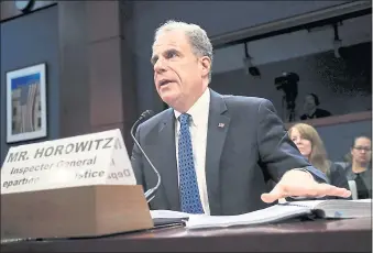  ?? MANUEL BALCE CENETA — THE ASSOCIATED PRESS ?? Department of Justice Inspector General Michael Horowitz testifies before a House Committee on the Judiciary and House Committee on Oversight and Government Reform on Tuesday.