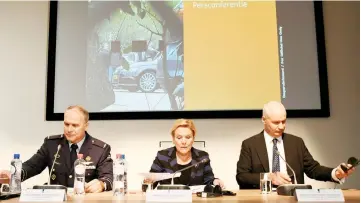  ??  ?? Ank Bijleveld, general Onno Eichelshei­m, director of Netherland­s Defence Intelligen­ce and Security Service and British Ambassador to the Netherland­s Peter Wilson attend a news conference in The Hague, Netherland­s. — Reuters photo