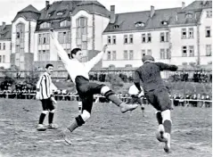  ??  ?? National treasure: Julius Hirsch, pictured stretching for the ball, was one of his country’s first football heroes, scoring four goals during a 5-5 draw with Holland. Having won an Iron Cross in 1919, he was killed at Auschwitz 26 years later