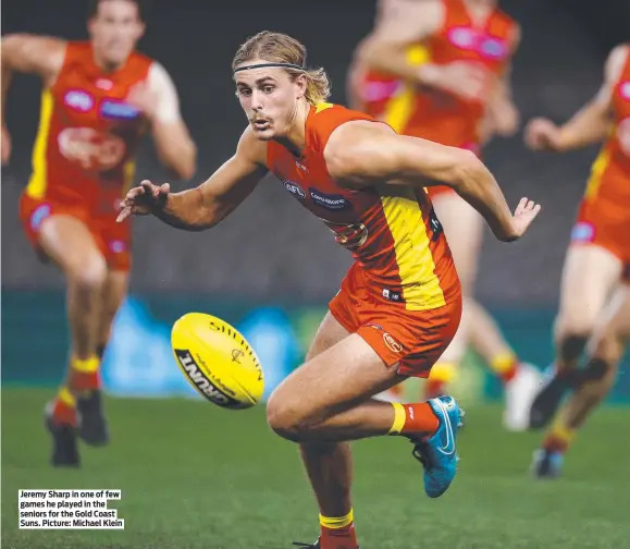  ?? ?? Jeremy Sharp in one of few games he played in the seniors for the Gold Coast Suns. Picture: Michael Klein