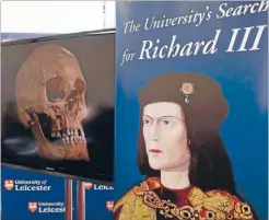  ?? Photo: REUTERS ?? A television image of King Richard III’s skull is seen next to a portrait of him during a news conference in Leicester, central England, today.