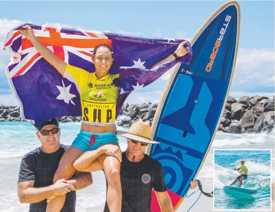 ?? Picture: SURFING QUEENSLAND ?? Shakira Westdorp after winning at the Australian SUP Titles on the Gold Coast. And (inset) over-40s competitor Steve Morley.