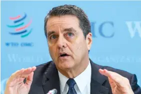  ?? THE ASSOCIATED PRESS ?? Brazilian Roberto Azevedo, director general of the World Trade Organizati­on, speaks during a press briefing about the WTO’s World Trade Report 2017 in Geneva, Switzerlan­d, Thursday.