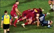  ??  ?? RED RAGE: Joe Marler’s late hit on TJ Ioane (No 20)