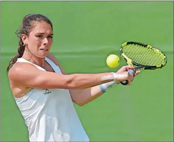  ?? SEAN D. ELLIOT/THE DAY ?? Stonington’s Gabby Dellacono hits a backhand return during last month’s ECC tournament. Dellacono, a junior and No. 1 seed, advanced to the singles final of the State Open girls’ tennis tournament Tuesday with a 7-5, 6-1 win over Wilton’s Izzy Kozoil.