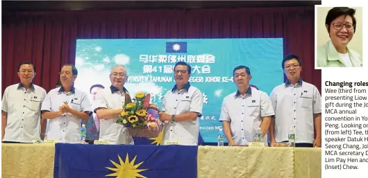  ??  ?? Changing roles: Dr Wee (third from left) presenting Liow with a gift during the Johor MCA annual convention in Yong Peng. Looking on are (from left) Tee, the speaker Datuk Hoo Seong Chang, Johor MCA secretary Datuk Lim Pay Hen and Chua. (Inset) Chew.