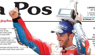  ?? MANU FERNANDEZ/AP PHOTO ?? PESAING JUARA: Andrea Dovizioso merayakan kemenangan­nya di MotoGP Catalunya kemarin. Kemenangan beruntun di dua balapan sejak Casey Stoner pada 2010 Poin tertinggi rider Ducati setelah tujuh seri sejak Stoner membukukan 140 poin pada 2007 Kemenangan...