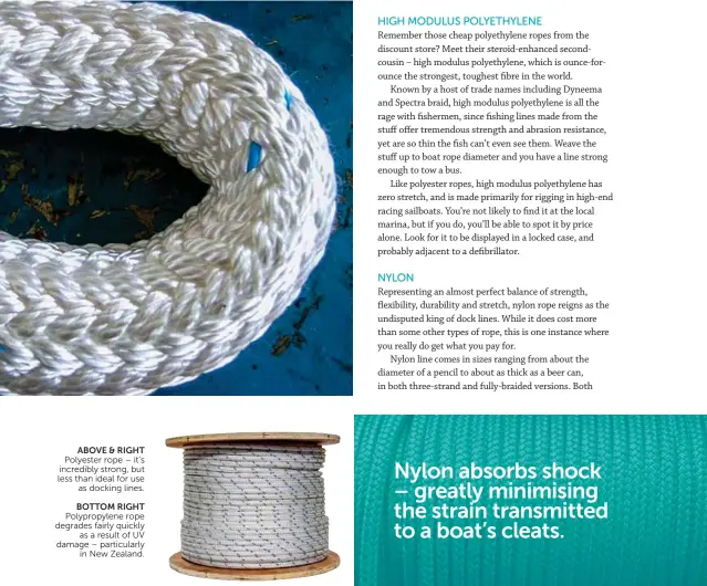  ??  ?? ABOVE &amp; RIGHT Polyester rope – it’s incredibly strong, but less than ideal for use as docking lines. BOTTOM RIGHT Polypropyl­ene rope degrades fairly quickly as a result of UV damage – particular­ly in New Zealand.