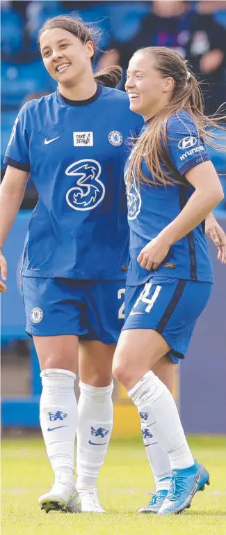  ??  ?? Chelsea striker Sam Kerr celebrates a goal with teammate Fran Kirby during their Women’s Super League win over Reading. Picture: GETTY