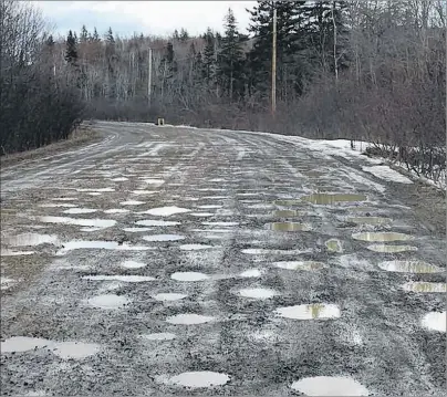  ?? SUBMITTED BY ANN DEVEAU ?? Dozens of potholes litter an unpaved section of Marble Mountain Road in Valley Mills, located on the Bras d’Or Lake scenic drive in Inverness County. Area residents fear the road’s condition could delay emergency response times and turn away tourists.