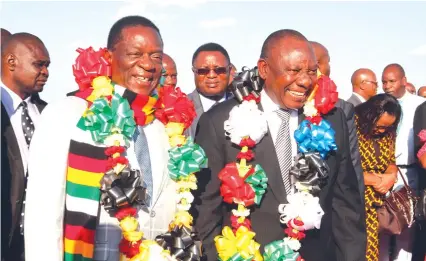  ?? Brian Chitemba Picture: Tawanda Mudimu ?? President Emmerson Mnangagwa welcomes his South African counterpar­t and SADC chairperso­n Cyril Ramaphosa at Robert Mugabe Internatio­nal Airport in Harare yesterday. —