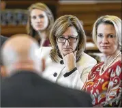  ?? RALPH BARRERA / AMERICAN-STATESMAN ?? Texas Sens. Konni Burton, R-Colleyvill­e (left), and Dawn Buckingham, R-Lakeway, listen to testimony about Senate Bill 8 in February at a Committee on Health and Human Services hearing.