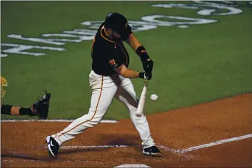  ?? JOSE CARLOS FAJARDO — BAY AREA NEWS GROUP FILE ?? The San Francisco Giants’ Joey Bart strikes out on a pitch thrown by San Diego Padres pitcher Trevor Rosenthal in the ninth inning at Oracle Park in San Francisco on Sept. 26.