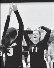  ??  ?? Left: Prairie Grove volleyball players Kara Anderson and Cadi Williamson high-five during a recent home match. The Lady Tigers entered the 4A-1 district tournament seeded fifth against fourth-seed West Fork Monday. Top: Prairie Grove senior volleyball...