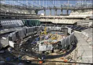  ?? GREG BEACHAM - THE ASSOCIATED PRESS ?? In this Jan. 22, 2020, file photo, works continues on the interior of SoFi Stadium and preparing to raise the circular Oculus video board in Inglewood, Calif. The opening of the stadium on Sept. 13 has the Los Angeles Rams hosting the Dallas Cowboys in an NFL football game.