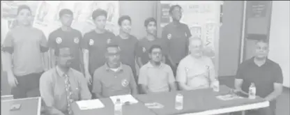  ??  ?? Member of the launch party, from left to right for the Titans Table Tennis Club High Performanc­e camp, PRO Daniel Thomas, President Dwain Dick, Adam Rahaman of New GPC, Christian Lilleroos and Ramdeo Kumar of Beacon Café alongside some of the participan­ts.