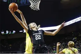  ?? THOMAS BOYD — THE ASSOCIATED PRESS ?? Stanford forward Cameron Brink (22) shoots against Oregon during the second half of Saturday's game in Eugene, Ore. Stanford beat Oregon 76-56.