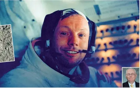  ??  ?? «Missione compiuta» Neil Armstrong sorride dopo l’impresa sulla Luna. Nel riquadro una sua foto recente. A sinistra la celebre impronta dell’astronauta