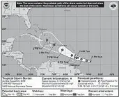  ?? NATIONAL HURRICANE CENTER/COURTESY ?? The National Hurricane Center’s forecast track for Tropical Storm Dorian, issued Sunday evening.