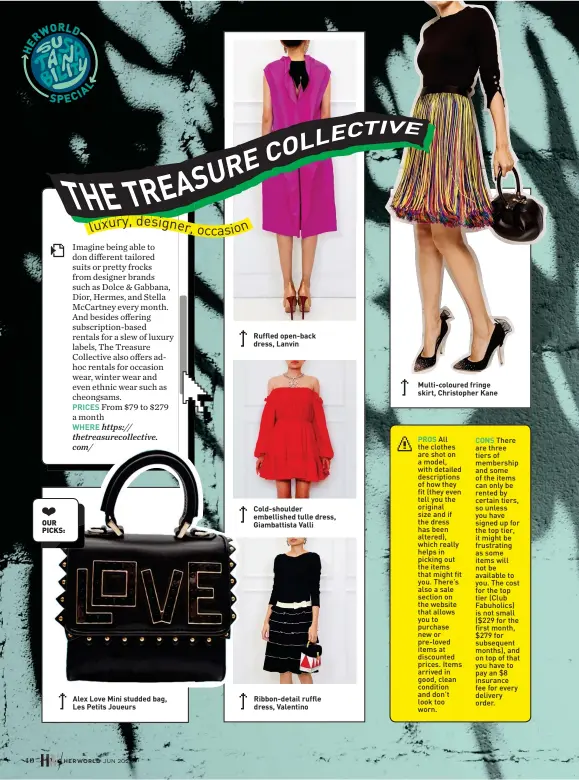  ??  ?? OUR PICKS:
Alex Love Mini studded bag, Les Petits Joueurs
Ruffled open-back dress, Lanvin
Cold-shoulder embellishe­d tulle dress, Giambattis­ta Valli
Ribbon-detail ruffle dress, Valentino
Multi-coloured fringe skirt, Christophe­r Kane
PROS