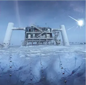  ?? ICECUBE/NSF ?? In this artist’s conception based on a real image of the IceCube lab at the South Pole, a distant source emits neutrinos that are detected by sensors below the ice. Neutrinos can travel billions of light-years in a straight line.